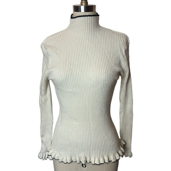 Jon & Anna Ivory Black Ruffle Trim Rib Knit High Neck Women's Size L - Picture 1 of 7